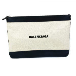 BALENCIAGA Clutch bag 420407 Canvas, Leather Ivory logo Navy clip M un