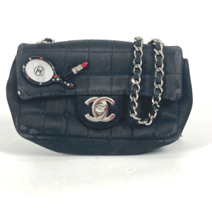 CHANEL Shoulder Bag Satin black bag pochette Lipstick Mirror CC COCO M