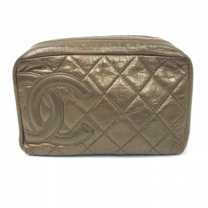 CHANEL Pouch leather gold Cambon line Cosmetics Pouch Quilted Women Us
