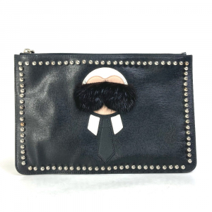 FENDI Clutch bag Leather, Fur black studded pouch Karl Lagerfeld Carli