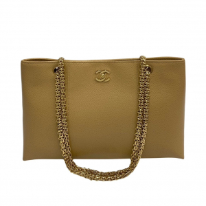 CHANEL Tote Bag leather beige Caviar skin Chain tote