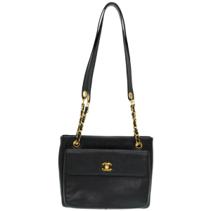 CHANEL Shoulder Bag Caviar skin black W Face Chain Shoulder Bag Women 