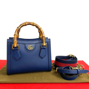 GUCCI Shoulder Bag leather Navy Shelly Line Bamboo Diana Tote