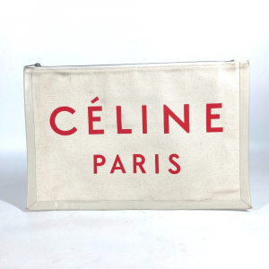 CELINE Clutch bag Leather / canvas white logo Women Used Authentic