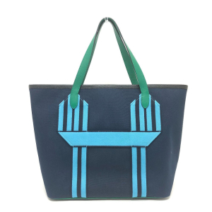 HERMES Tote Bag Toile Militaire, Taurillon Clemence Navy x Blue x Gree