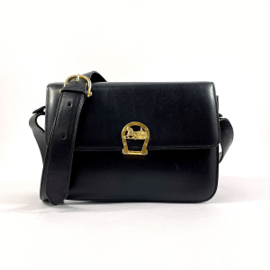 CELINE Shoulder Bag leather black vintage Carriage Metal Women Used Au