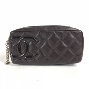 CHANEL Pouch leather Brown Makeup pouch Cosmetics Pouch Cambon line Wo