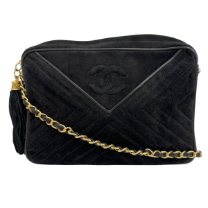CHANEL Shoulder Bag Suede black Vstitch ChainShoulder Women Used Authe