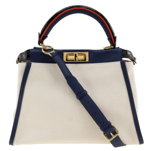 FENDI Handbag 8BN290 Canvas, Calfskin White / navy 2WAYShoulder Peekab