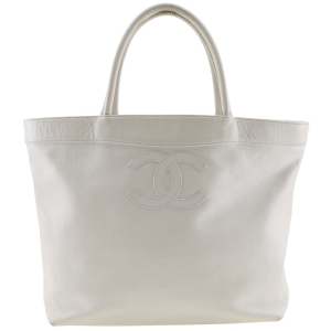 CHANEL Tote Bag Caviar skin White COCO Mark Women Used Authentic