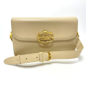CELINE Shoulder Bag leather Beige x Gold Metal Carriage Metal vintage 