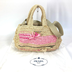 PRADA Handbag Raffia beige Triangle logo plate Canapa Women Used Authe