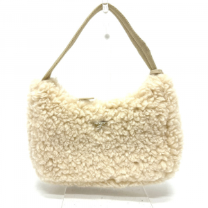 PRADA Handbag 1NE515 Sheep fur beige Triangle logo Women Used Authenti