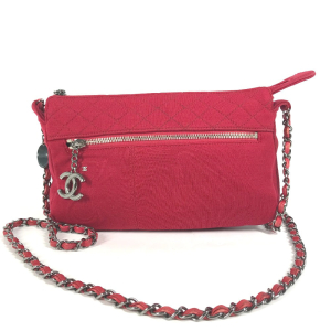 CHANEL Shoulder Bag cotton Red Pochette CC COCO Mark Matelasse Quiltin