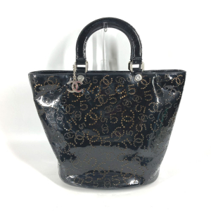 CHANEL Tote Bag Patent leather black punching logo CC COCO Mark NO5 Wo