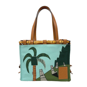 LOEWE Tote Bag Canvas, Leather Light blue Bamboo cushion Women Used Au