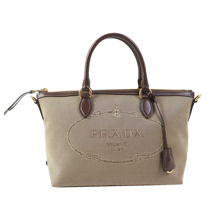 PRADA Handbag 1BA104 Leather canvas Beige Brown