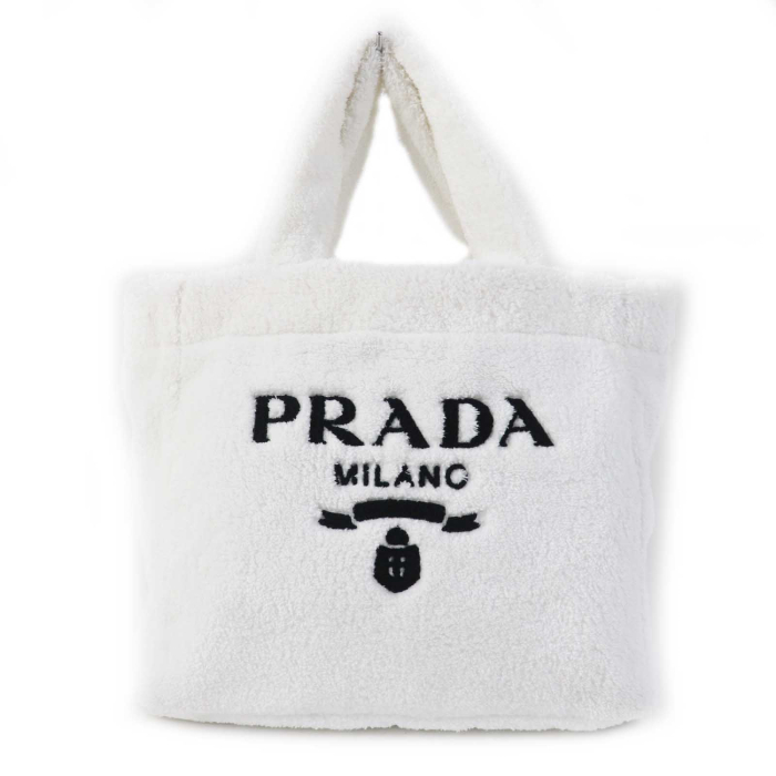PRADA Tote Bag 1BG130 pile Bianco Nero terry