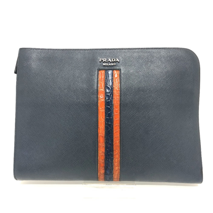 PRADA Clutch bag 2VN003 Safiano leather Navy logo