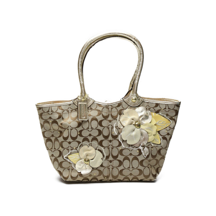 COACH Tote Bag F16276 canvas Khaki x Gold Signature Shoulder back Appl
