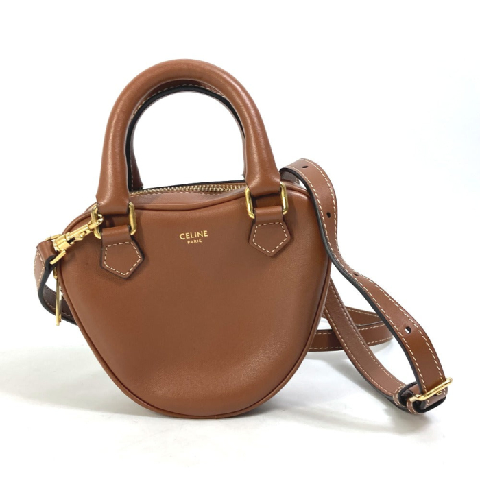 CELINE Shoulder Bag leather Brown Heart medium logo Women Used Authent