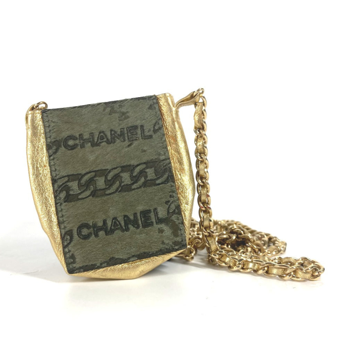 CHANEL Shoulder Bag Leather / Harako khaki bag pochette logo Chain Wom