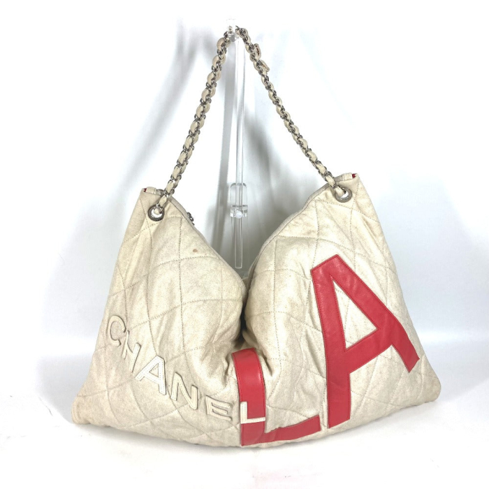 CHANEL Shoulder Bag canvas white quilting logo LA CC COCO Mark charm i