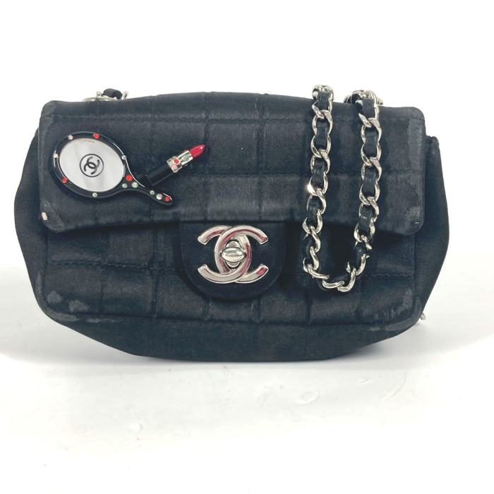 CHANEL Shoulder Bag Satin black bag pochette Lipstick Mirror CC COCO M