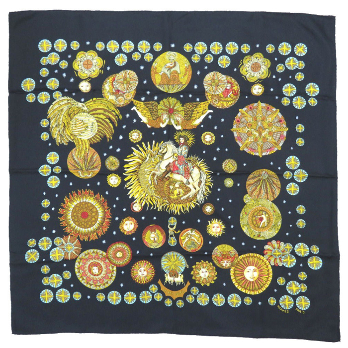 HERMES scarf silk black Carre90 LE ROY SOLEIL Sun King