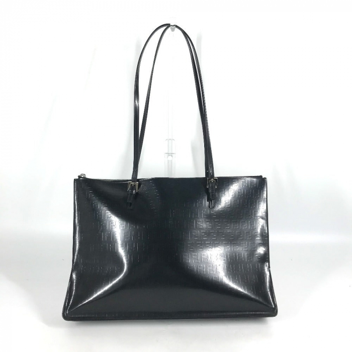 FENDI Tote Bag leather black logo FF Women Used Authentic
