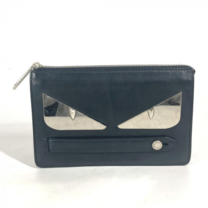 FENDI Clutch bag 7VA350 leather black Monster Bugs mens Used Authentic