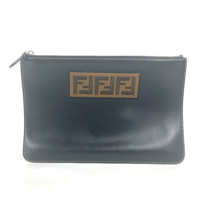 FENDI Clutch bag 7N0078 leather black Pouch Zucca logo mens Used Authe