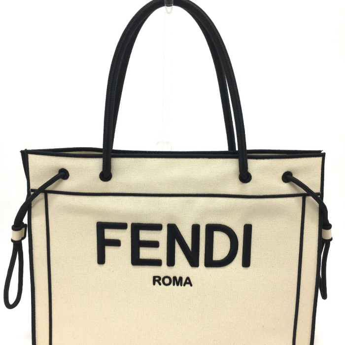 FENDI Tote Bag 8BH379 canvas Beige x black logo rome shopper Women Use