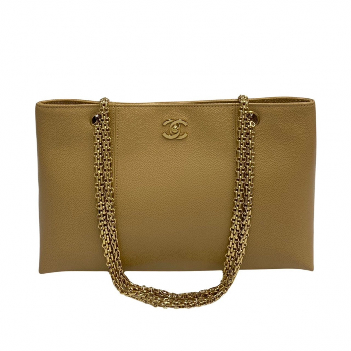 CHANEL Tote Bag leather beige Caviar skin Chain tote
