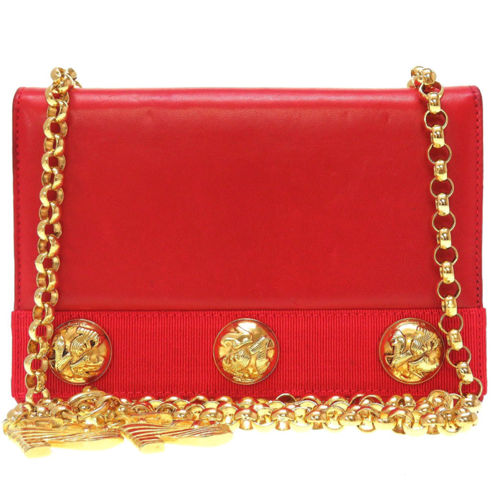 Salvatore Ferragamo Shoulder Bag leather Red Chain Women Used Authenti