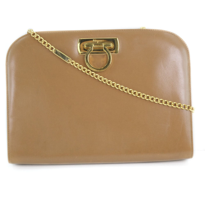 Salvatore Ferragamo Shoulder Bag Calfskin Camel Gancini ChainShoulder 