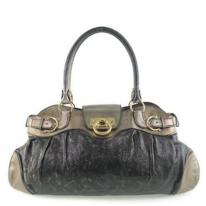 Salvatore Ferragamo Tote Bag leather gold Gancini Women Used Authentic