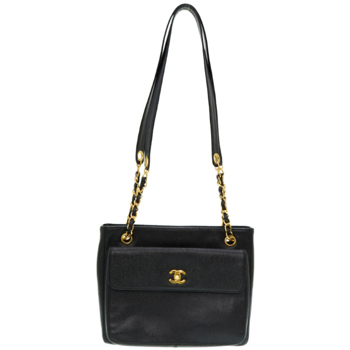CHANEL Shoulder Bag Caviar skin black W Face Chain Shoulder Bag Women 