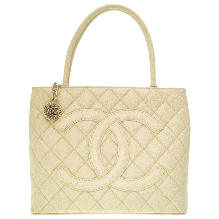 CHANEL Tote Bag Caviar skin Ivory Grey Replica Tote Women Used Authent