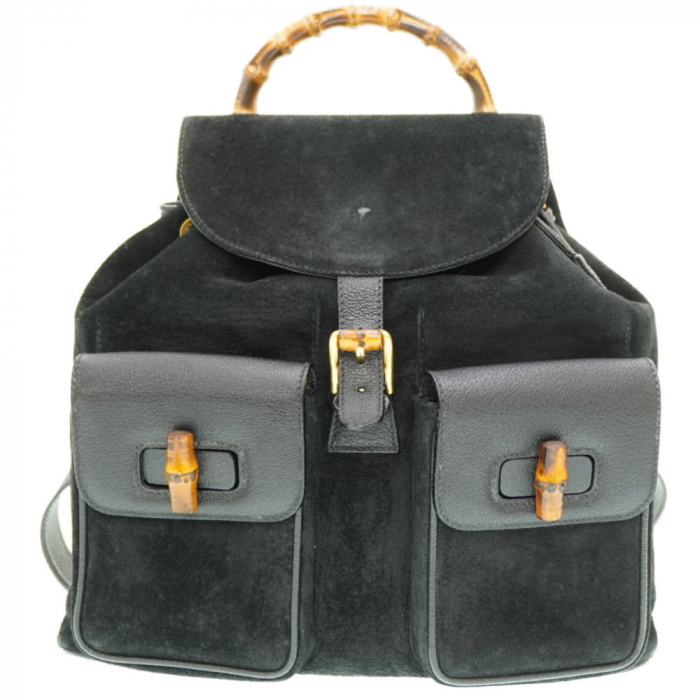GUCCI Backpack Suede black Bamboo Women Used Authentic