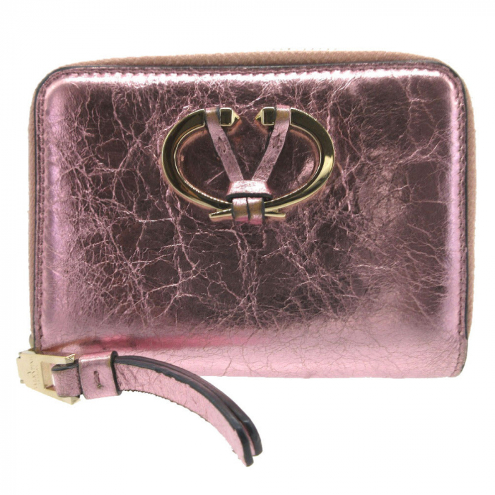 VALENTINO Coin case leather Metallic pink V logo metal color wrinkled 