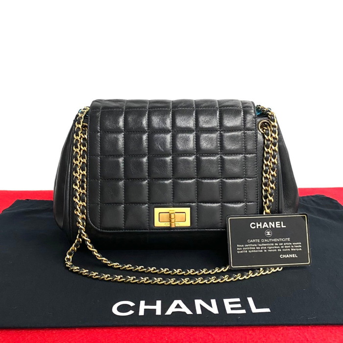 CHANEL Shoulder Bag lambskin black Chocolate bar