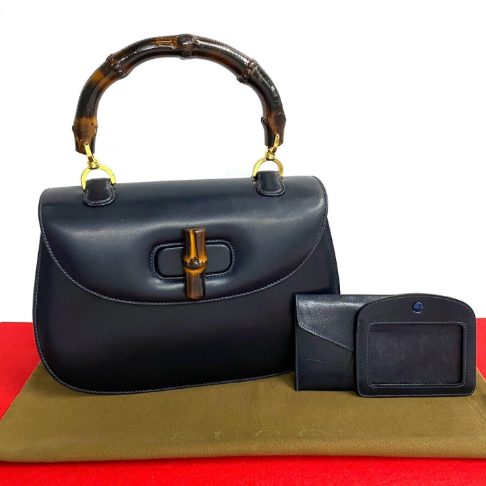 GUCCI Handbag Calfskin Navy Bamboo