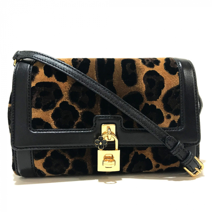 DOLCE&amp;GABBANA Shoulder Bag Velvet / leather Black x brown Leopard prin