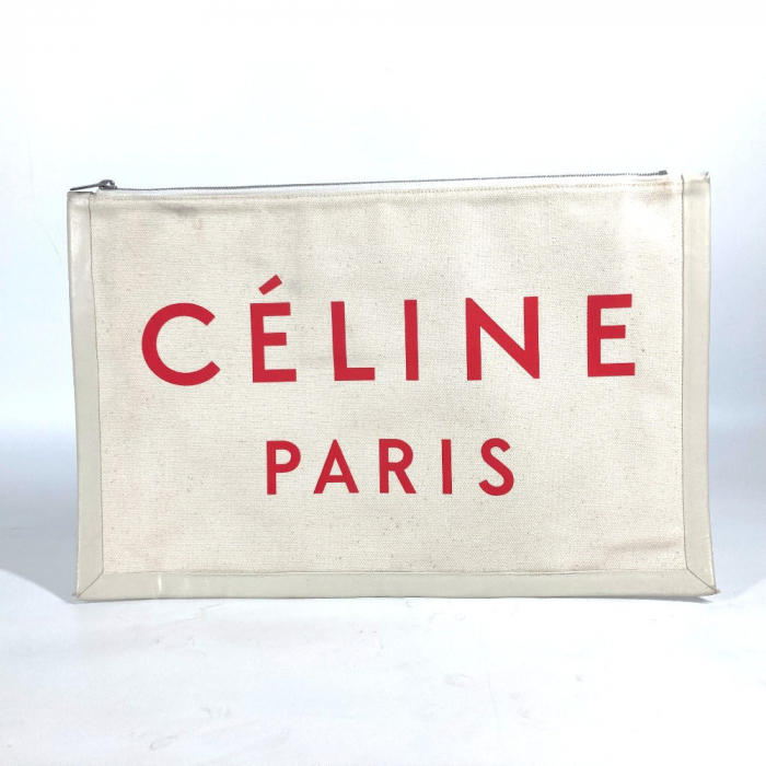 CELINE Clutch bag Leather / canvas white logo Women Used Authentic