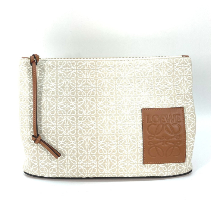 LOEWE Clutch bag Canvas / leather Beige x brown anagram jacquard oblon