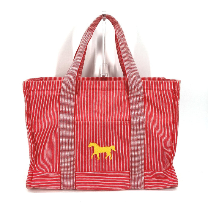 HERMES Tote Bag canvas Red Mothers bag Caval Horse Cheval Stripes Kids