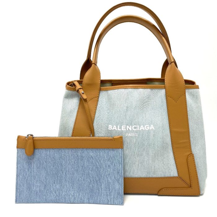 BALENCIAGA Tote Bag 339933 Leather / canvas Light blue Logo print Navy