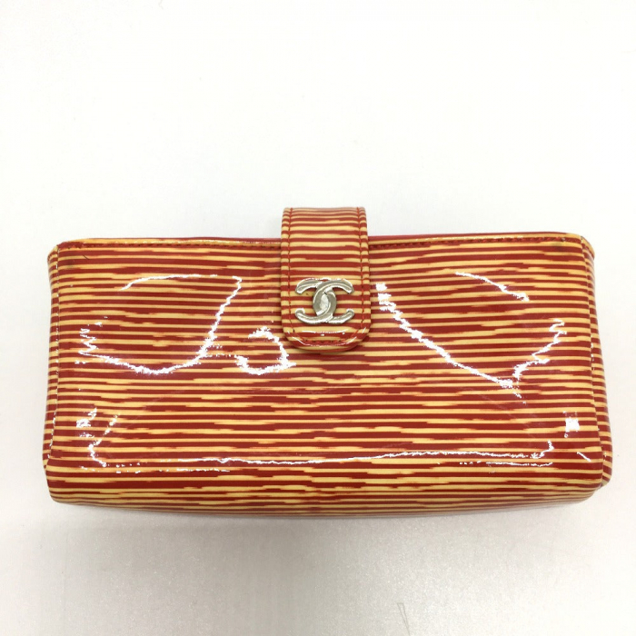 CHANEL Pouch Patent leather Orange CC COCO Mark border Women Used Auth