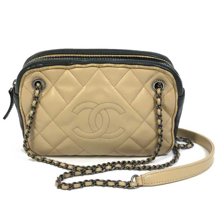 CHANEL Shoulder Bag Calf leather Beige x black CC COCO Mark ballerine 